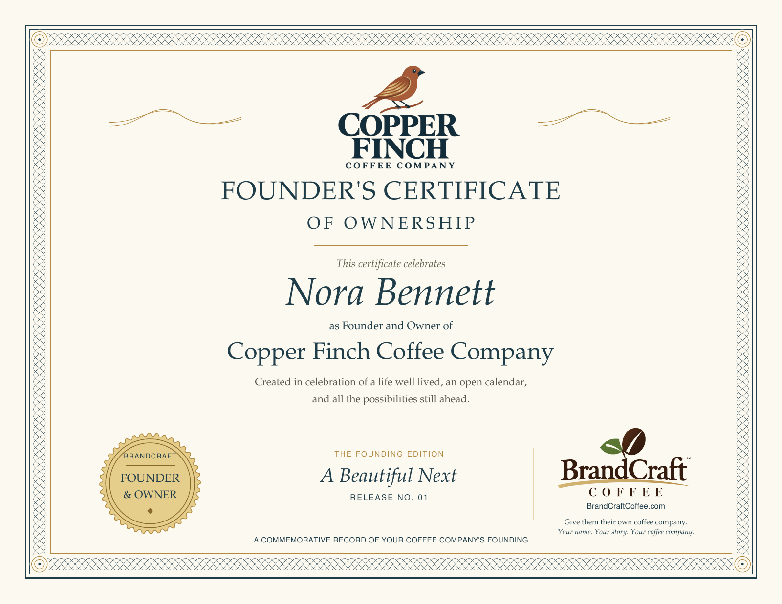 A sample personalized Founder’s Certificate