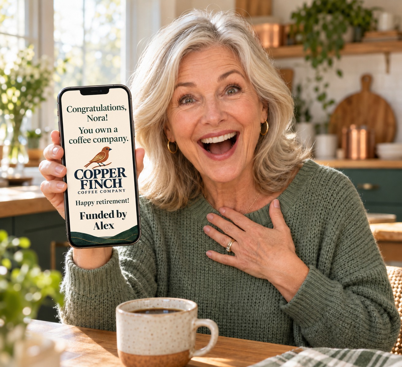 A delighted recipient showing Nora’s Copper Finch Coffee Company gift reveal, with Happy retirement and a prominent Funded by Alex credit