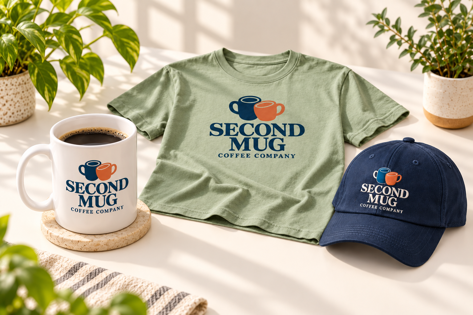 White Second Mug logo mug shown in full beside a sage logo T-shirt and navy logo cap